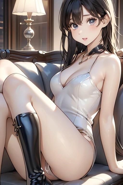 (Highest quality)), ((masterpiece)), (detailed),Perfect Anatomy, Beautiful naked,Full Body Shot,Very sexy,Enjoying the natural light on a hotel sofa,
Beautiful woman,Fine skin,Beautiful little face,big, Round eyes,Beautiful Eyes,Beautiful teeth alignment,Beautiful 8-head body line,Slender body,Beautiful Hands,Beautiful legs,Long hands,Long legs,Long and supple hair,Shiny Hair,Black Hair,No clothes,Embarrassed expression,blush,Thin lips,Beautiful shoulders,Beautiful clavicle、sit cross-legged on the sofa,Hands above head pose,wearing knee-high black leather boots,Black garter belt,