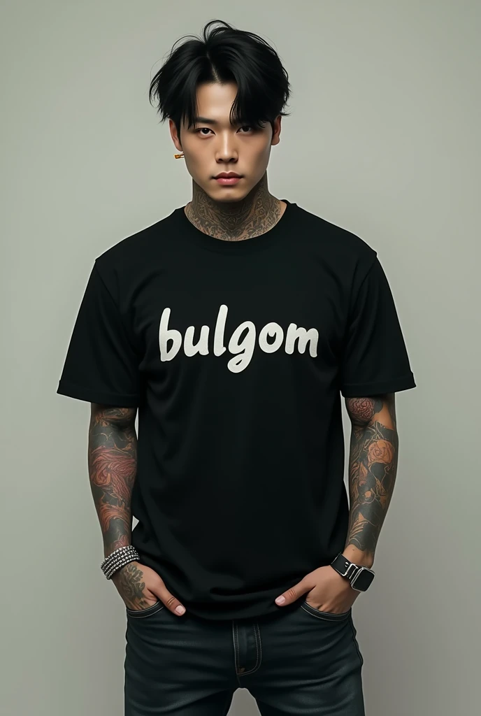 Handsome korean tattoo man, black hair, black t-shirt with bulgom written on it, jeans, smoking cigarettes, yakuza vibes, light colors