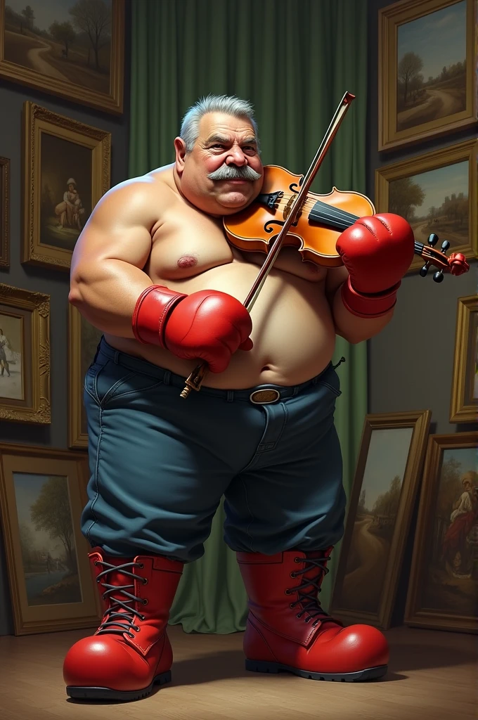 Boxer with gray hair and mustache, somewhat overweight. He looks like Alberto Fernández, former president of Argentina. He has red boxing gloves on and is trying to play a violin but the gloves are obviously getting in the way.. It is in a room where there are many pictures and paintings