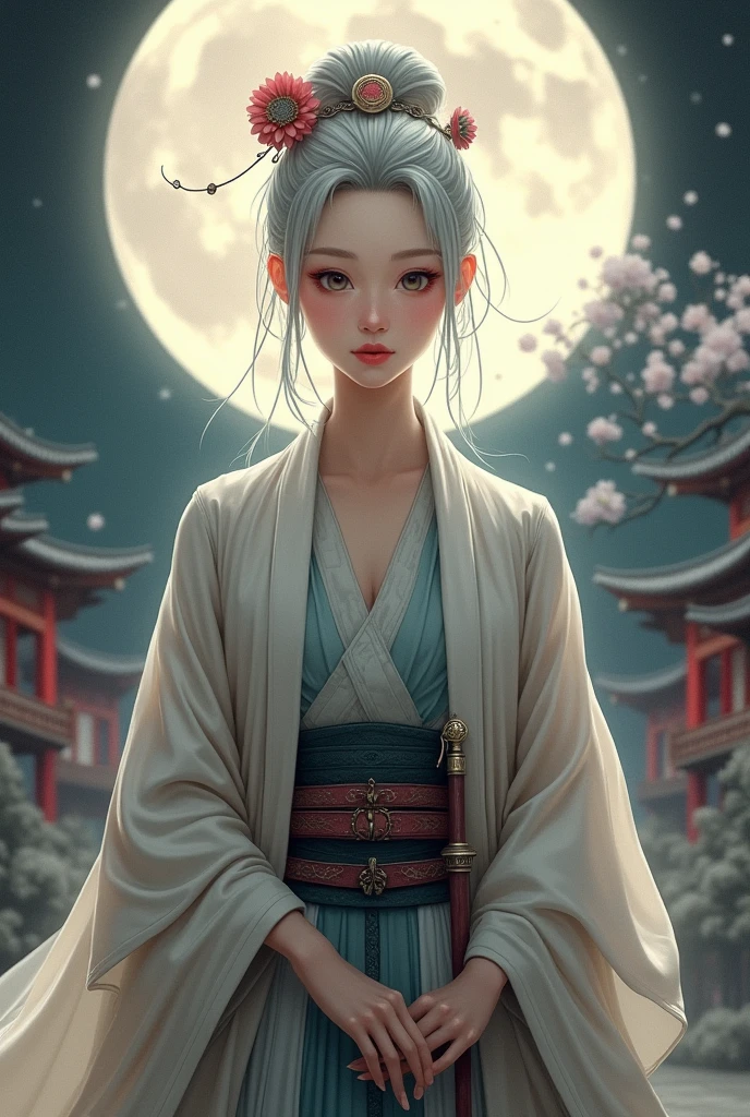 work of art, better, natta, fullmoon, 1 female, mature woman, chinese style, ancient China, Eldest sister, royal sister, cara fria, unexpressive, silver white long haired woman, pale pink lips, Calm, intellectual, Three Belts, Hitomi Cinza, assassin, dagger, Flower ball background, view from the street