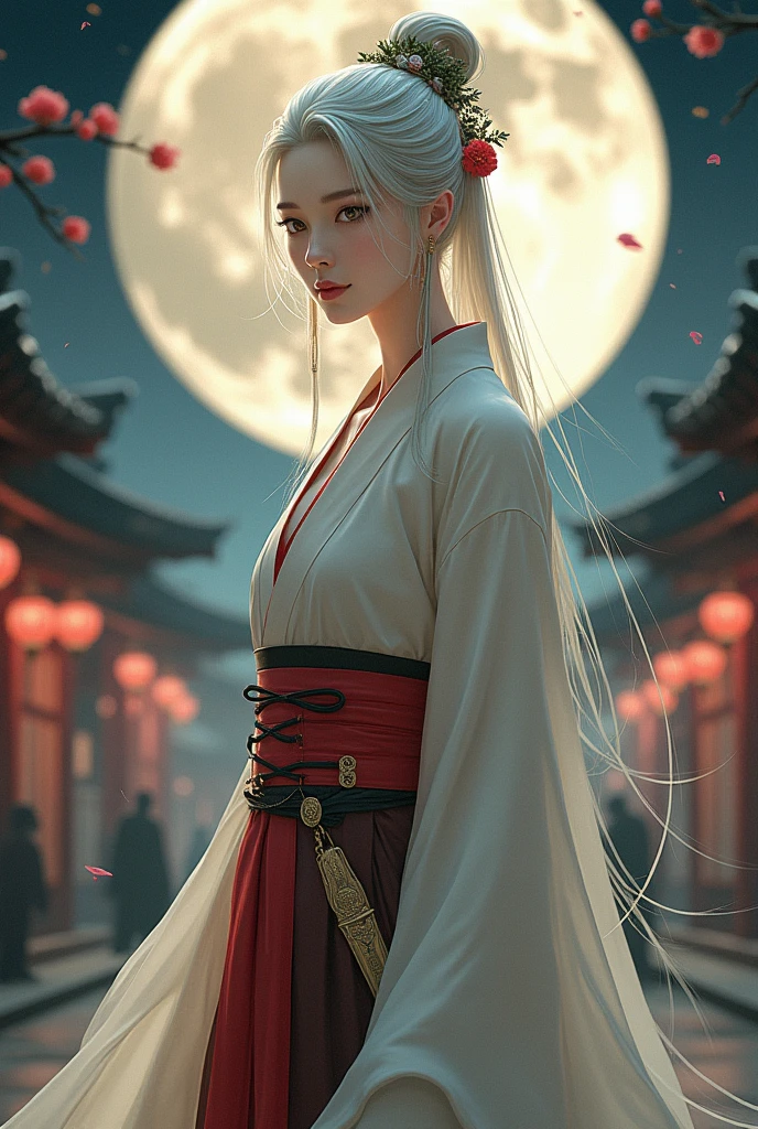 work of art, better, natta, fullmoon, 1 female, mature woman, chinese style, ancient China, Eldest sister, royal sister, cara fria, unexpressive, silver white long haired woman, pale pink lips, Calm, intellectual, Three Belts, Hitomi Cinza, assassin, dagger, Flower ball background, view from the street