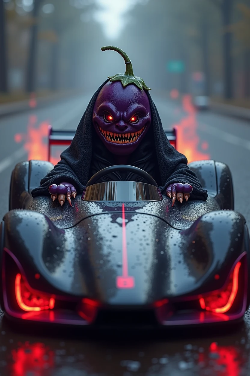Berinjela Vampira em um automobile de Corrida:
Eggplant Visual: Draw the eggplant with visible fangs and maybe a gothic or vampire style clothing.
automobile: Create a stylized race car with dark details, like flames coming out of the exhausts and a black paint with red or purple details.