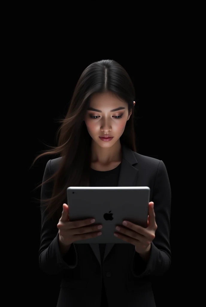 Create a graphic design for a long brand Description: a woman with long black hair, slim, large black eyes, small nose M-shaped mouth.
In her mother's hand she holds a white iPad making a design
Place the letter H as a central brand very minimalist.
Black and well-lit environment a worthy photograph.