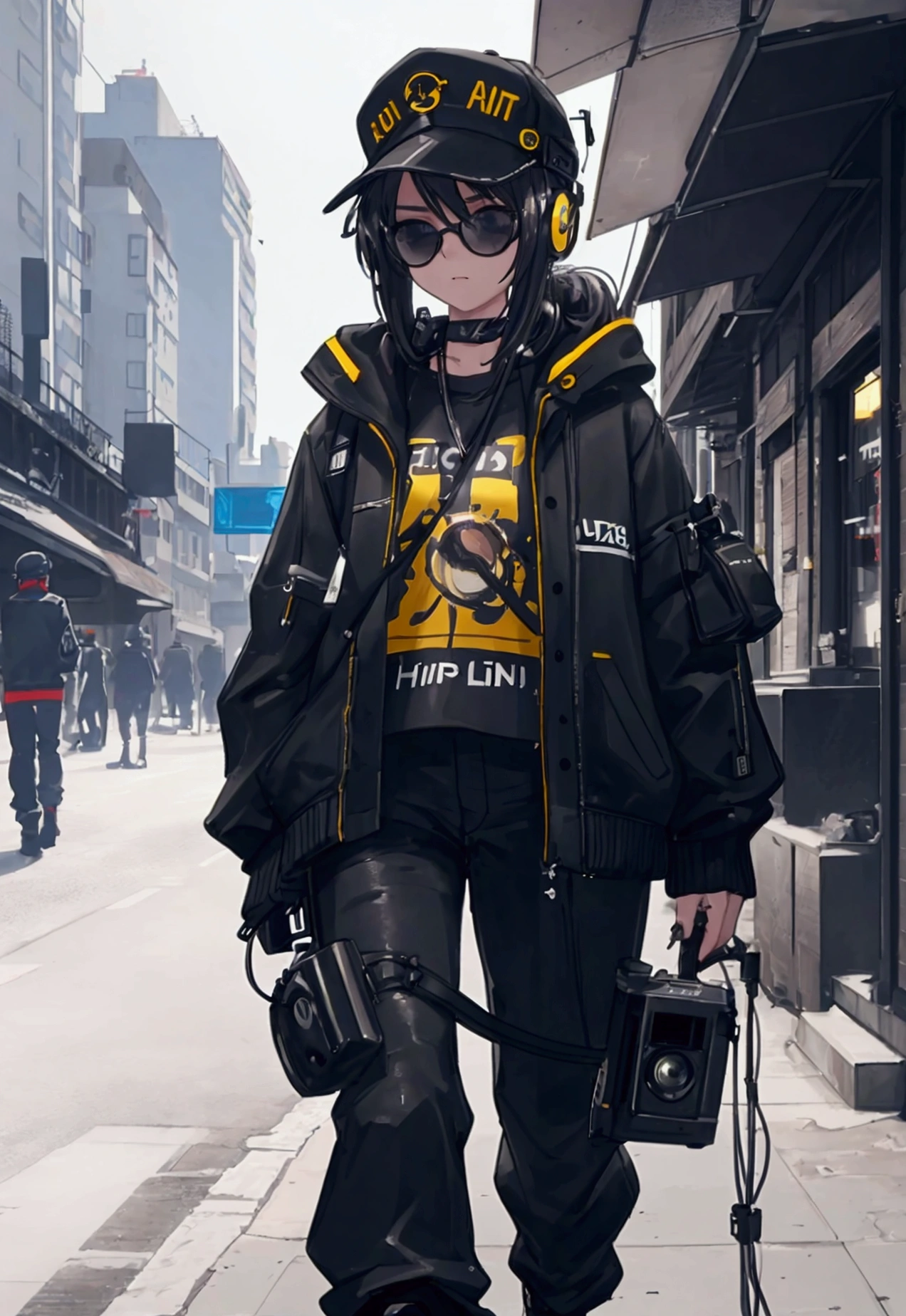 a 16 year old girl, wearing headphones and microphone, camera attached to her cap, walking in the city during the day, sunglasses, baggy black pants, detailed face, photorealistic, cinematic lighting, 8k, high quality, detailed environment, urban scenery, realistic textures, vibrant colors, natural lighting