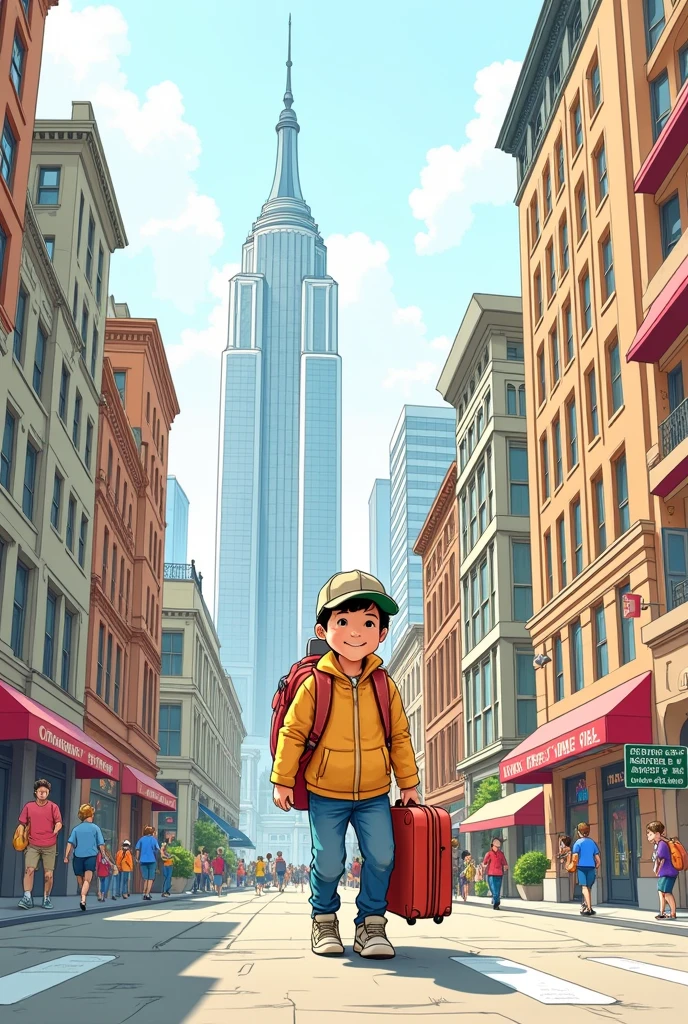 an easy-to-replicate drawing of a boy walking down the city streets with a travel suitcase, until he finds a large building