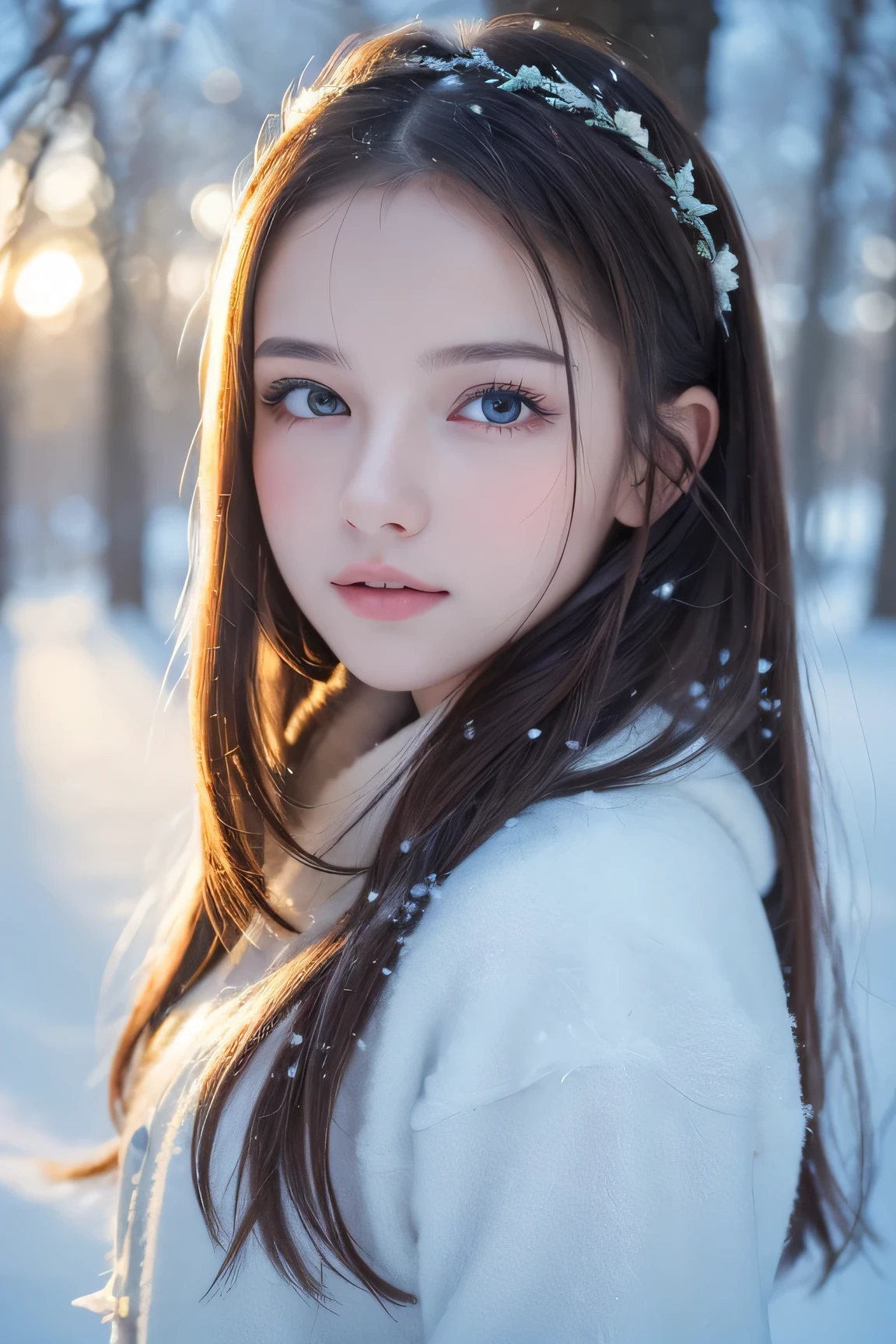 Portraiture, high quality, A Ukrainian winter fairy tale, snow in the park, through the trees. About 20 years old., Dark Eyes, Smooth Skin, ((最high quality, 8k, masterpiece :1.3)), One girl, cute , Casual clothing :1.2, in the forest, Highly detailed face, Detailed eyes, double eyelid