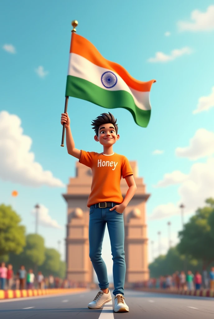 Create a 3D illustration 25 years old man, Wearing Orange T shirt blue jeans sneakers and the name "Honey" is written on his t-shirt and the boy is standing on the road with holding a national flag of India, and behind him is the India gate Delhi. And "Happy Independence Day 2024" written at above sky Create Realistic image high quality.