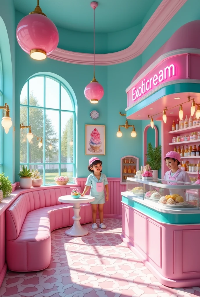 an ice cream shop named "exoticream", a creative and cozy place with pastel colors, specifically blue and pink