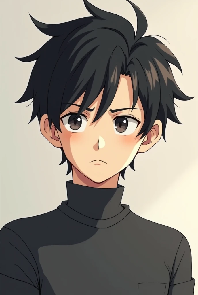 I wanna a anime character but a little cartoon man with a normal black hair and a different style, this character is for my youtube channel about philosophy, i need just the superior part, not all body, with nothing in the hair, and a pensative face, he need to be thinking, with a seriously face