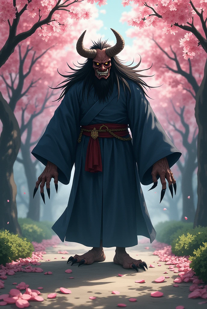 Create a detailed and atmospheric illustration of a traditional Japanese yasha or ogre. The scene should evoke a sense of ancient folklore and horror, featuring the yasha or ogre with traditional Japanese attire and features. The background should include a serene yet eerie path lined with blooming cherry blossoms during the daytime. The delicate petals contrast with the menacing presence of the yasha or ogre, creating a disturbing yet beautiful scene. Incorporate elements like falling petals, soft sunlight filtering through the trees, and a slight breeze that adds a haunting quality to the atmosphere. The character should have a fearsome expression, with sharp claws, fierce eyes, and traditional Japanese masks to emphasize the supernatural and ominous nature.