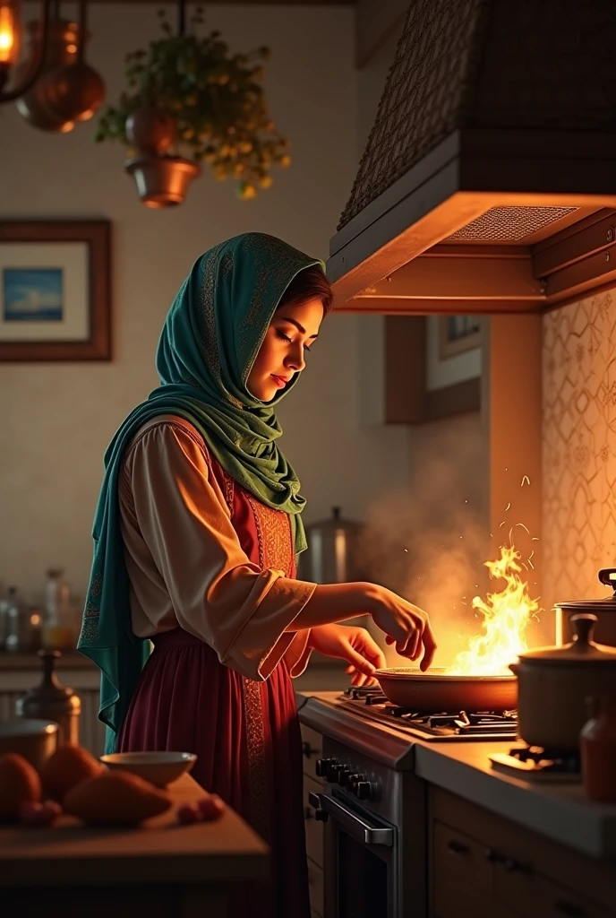 Woman with a headscarf cooking on the stove