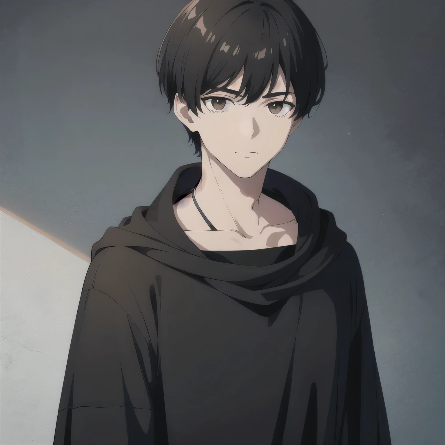 boy number 2 - black hair, brown eyes, very short haircut, black cloak, black t-shirt underneath.