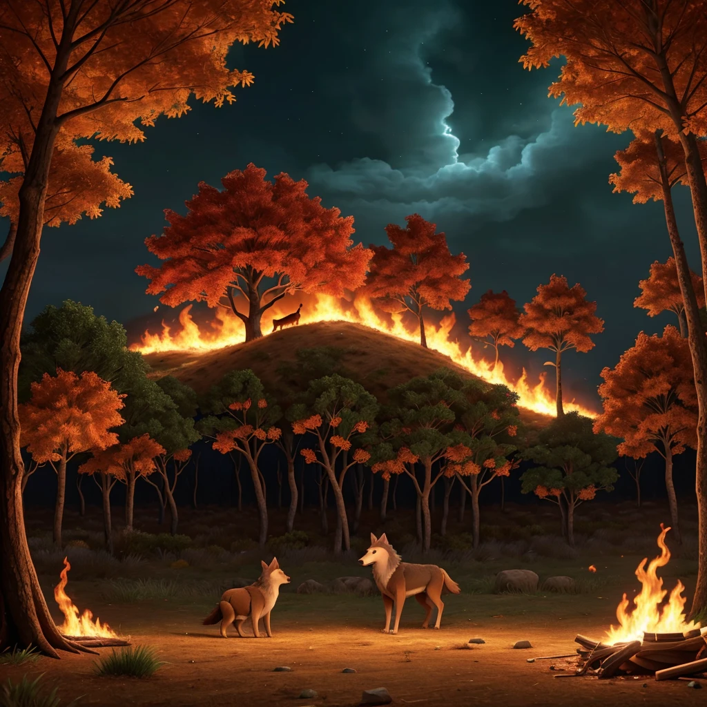 "A dramatic scene in the enchanted forest as the flames begin to spread rapidly among the trees. The sky is tinged with orange and red as smoke rises, and all the animals of the forest are in panic, running in different directions.
 The hen is trapped in the middle of the chaos, flapping its wings in despair while cackling in fear. Enquanto isso, the calm and courageous wolf, stands firm in the foreground, looking at the fire with determination. 