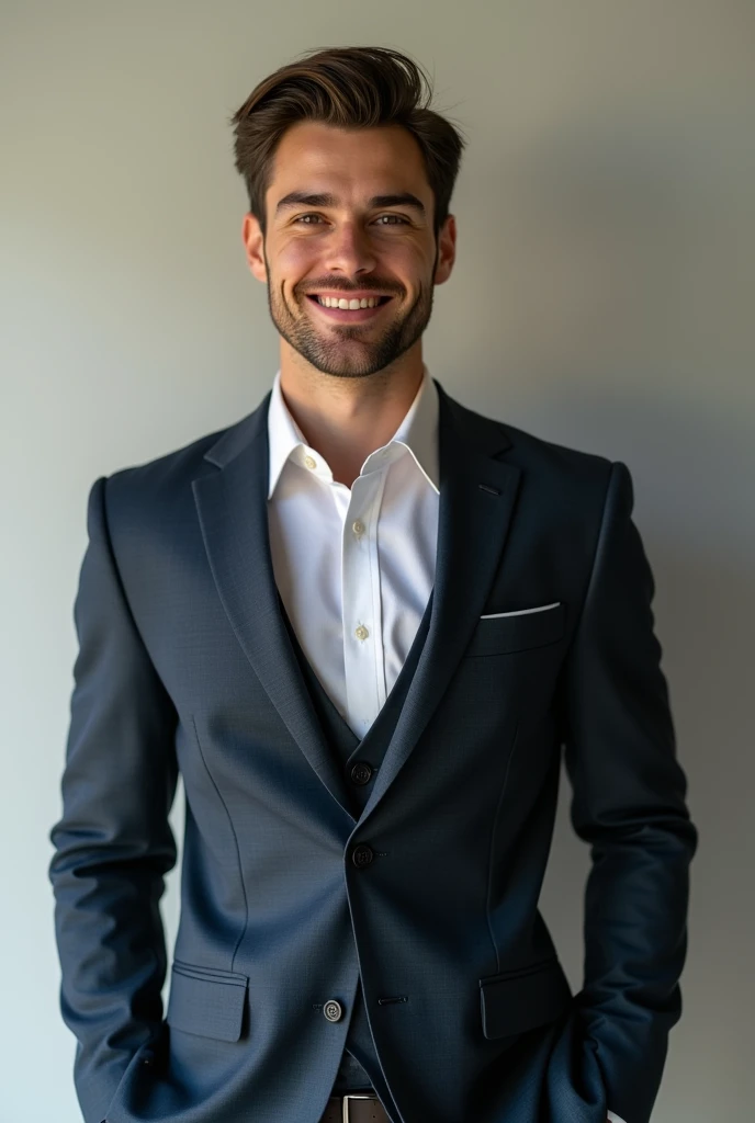 A young american handsome man, in suit little smile on face