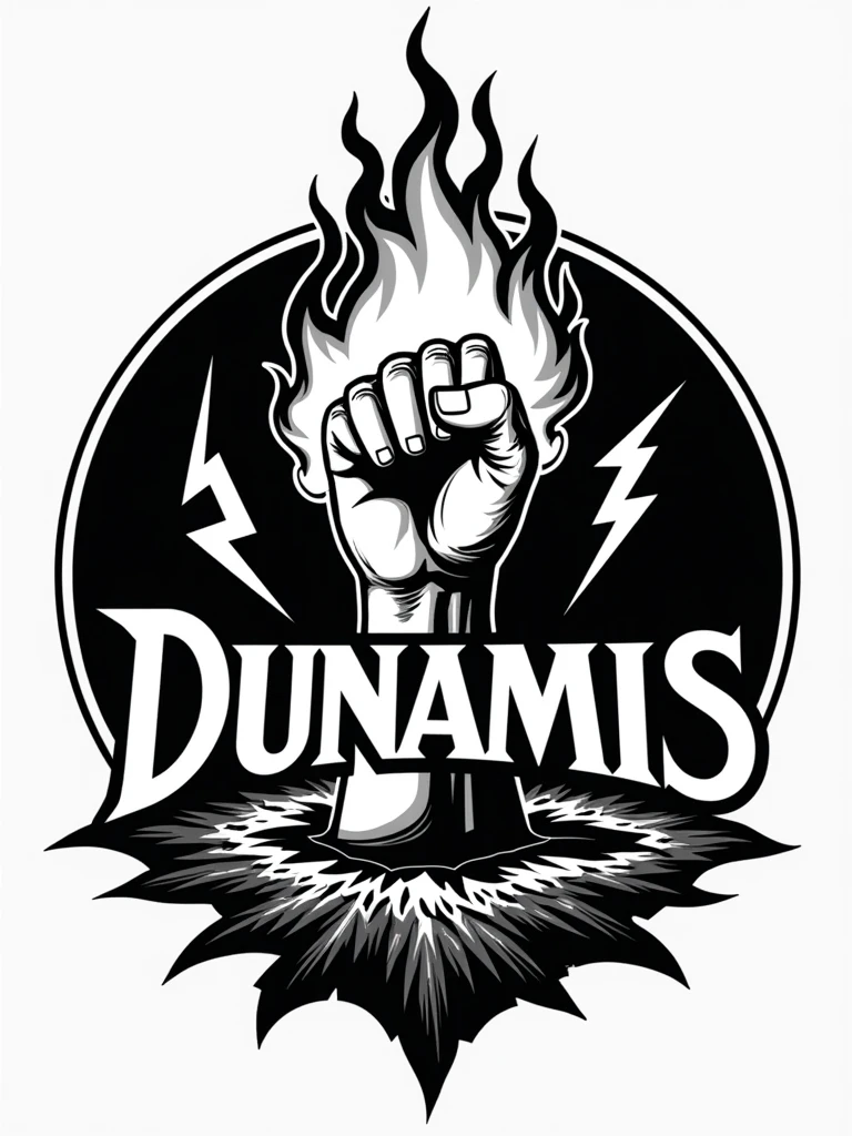 a logo with a hand on fire and lightning bolts around it, written dunamis, very imperative and bold, closed hand, black and white, inside a circle
