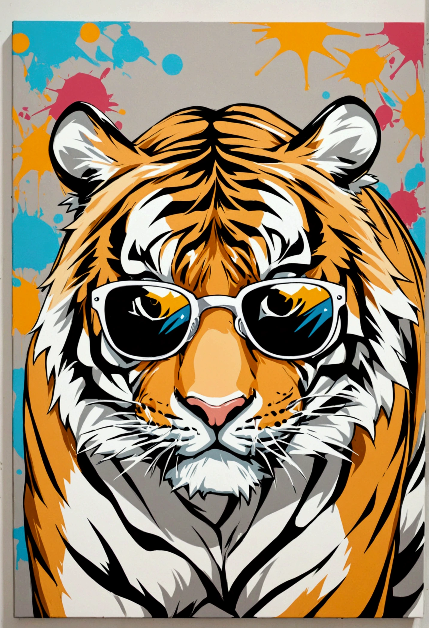 Tiger in light brown white with sunglasses, pop art, graffiti 