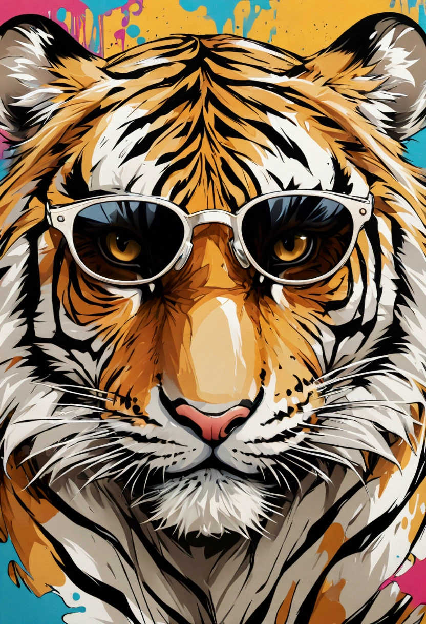 Tiger in light brown white with sunglasses, pop art, graffiti 