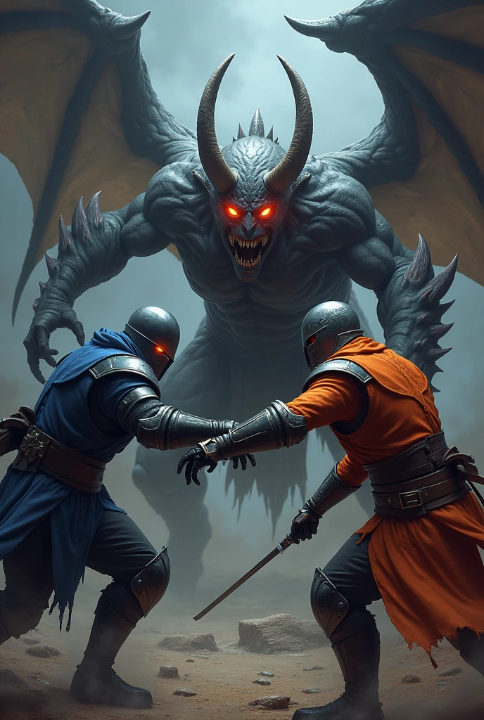 A gray-bodied demon with bright red eyes fights against 1 warrior in blue armor and a closed blue helmet and 1 warrior in orange armor and a closed orange helmet.