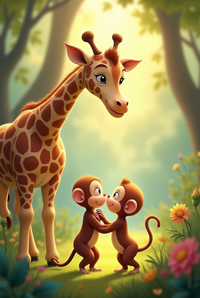 A monkey and a giraffe in love