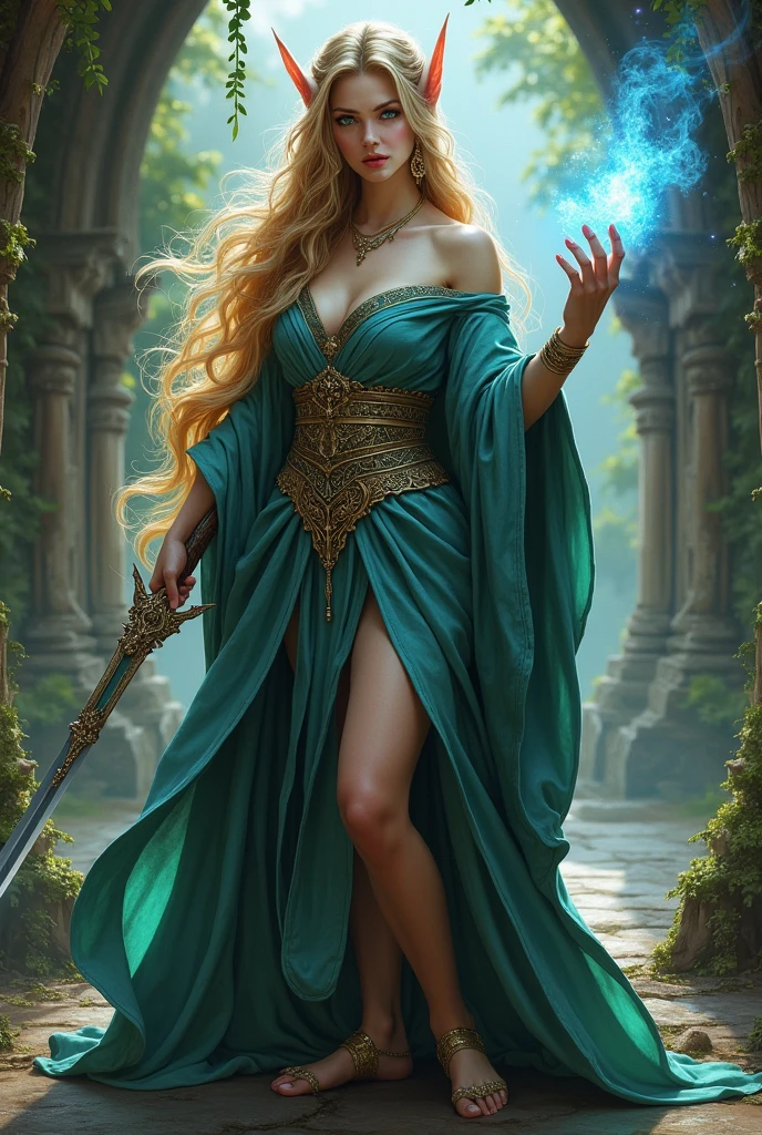 female elf wizard with wand and dagger for painting