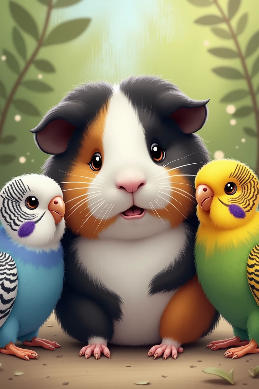 Guinea pig (Guinea pig) with tri-colored fur, with a predominance of black, white and brown with black ears, a soft and fluffy coat, with a fairly uniform color distribution, with a light brown spot around one eye on the head., while the body has a mixture of black and white. Along with two Australian budgies, a first parakeet has predominantly light blue plumage on the body, with a white head and black details on the sides, forming characteristic patterns. The cheeks have violet spots, and the chest is a softer blue. The second parakeet has yellow and green plumage. The head and upper body are a vibrant yellow, while the lower part and the wings have a mixture of green. There are small blue spots on the cheeks, which are common features in parakeets.
