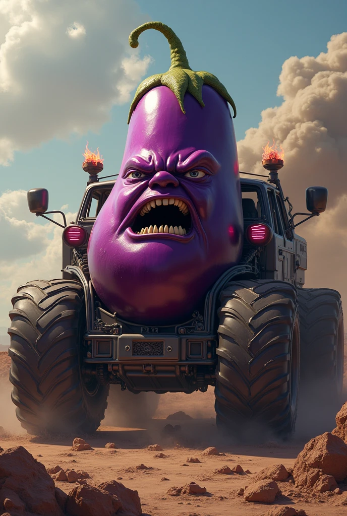 Berinjela Emocional em um automobile de Monstro:

Eggplant Visual: Show an eggplant with an intense emotional expression, like anger or sadness, with details that convey this emotion.
automobile: A monster truck with large tires, fiery details and an aggressive design. Neon lights and smoke effects can enhance the intensity of the scene.