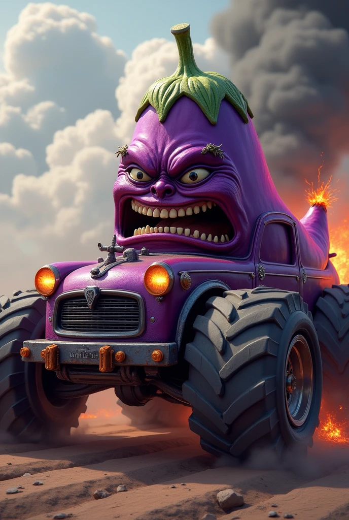 Berinjela Emocional em um automobile de Monstro:
Eggplant Visual: Show an eggplant with an intense emotional expression, like anger or sadness, with details that convey this emotion.
automobile: A monster truck with large tires, fiery details and an aggressive design. Neon lights and smoke effects can enhance the intensity of the scene.