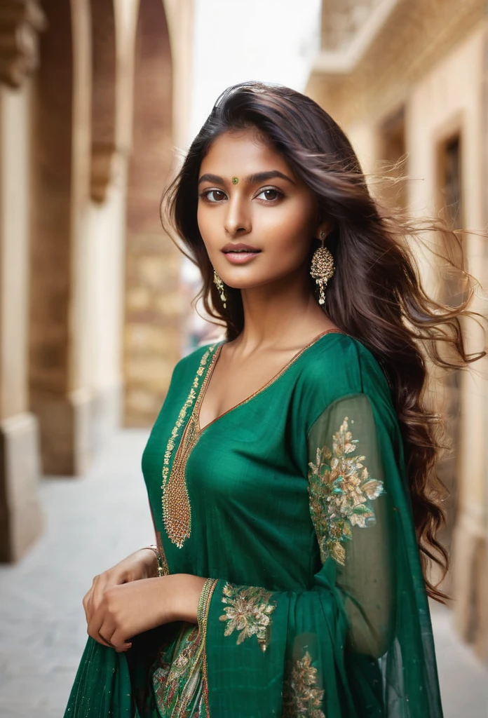 Create a breathtaking travel photo featuring (((Nógrády Dia))), a stunning 22-year-old indian woman. Dia has fair, glowing skin, high cheekbones, and deep emerald green eyes. Her long chestnut Indian hair flows in soft waves. She wears a stylish, elegant outfit suitable for sightseeing. The scene should capture the charm of the city with Dia's radiant beauty and joyful expression. Natural lighting enhances the overall atmosphere, making it a perfect travel adventure shot.