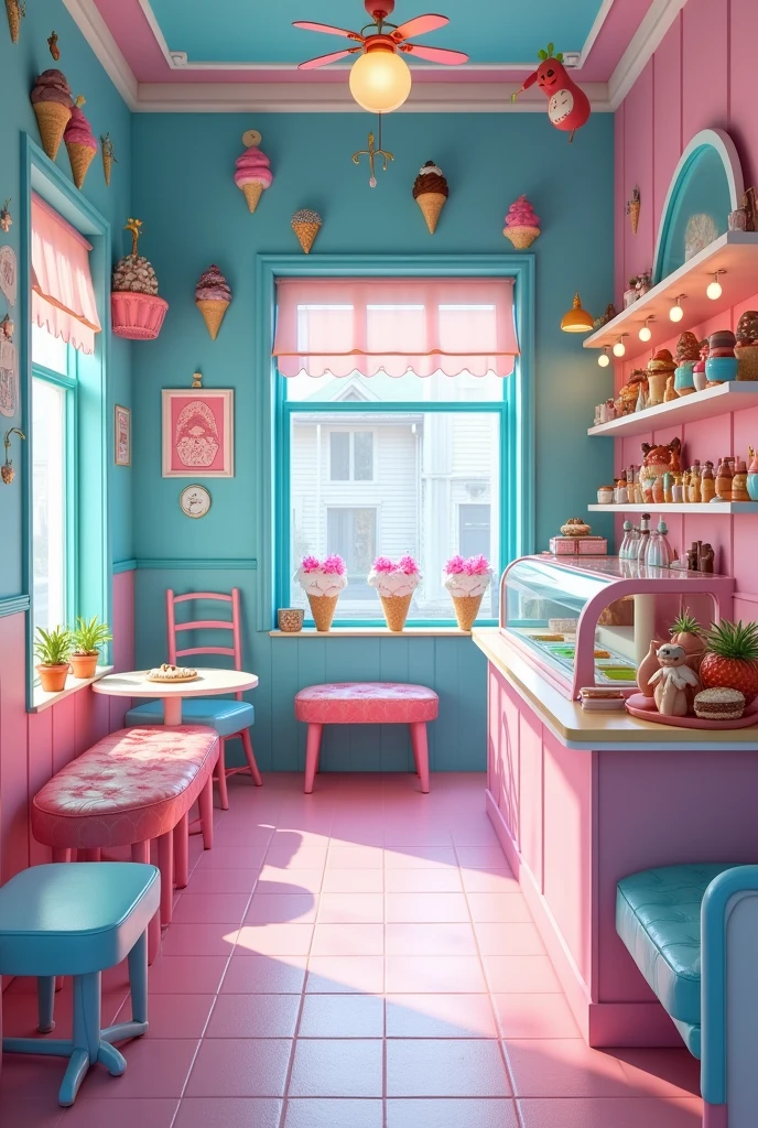 an ice cream shop named "exoticream", a creative and cozy place with pastel colors, specifically blue and pink