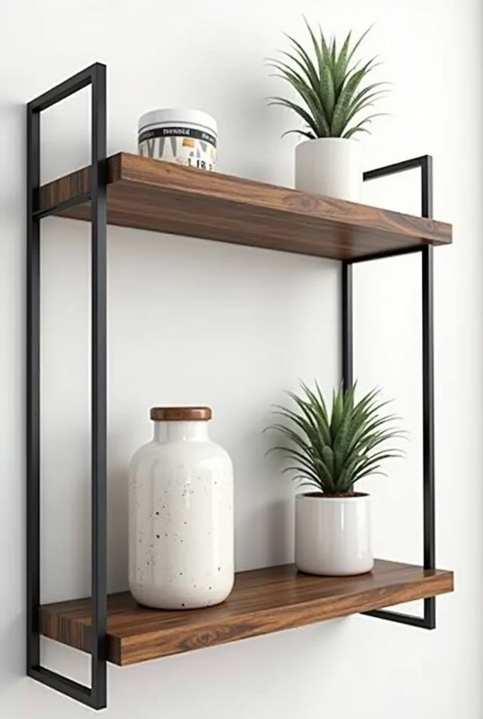 Create a 2-tier industrial shelf for me with the shelf in brown for the wall with dimensions of 40 centimeters in length and 21 centimeters in width with the supports in black with 30 centimeters in height and 21 centimeters in width for the living room.
