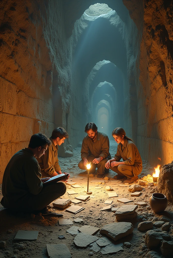 2. Un groupe de chercheurs explorant une salle souterraine remplie de gravures anciennes et d’artefacts oubliés.