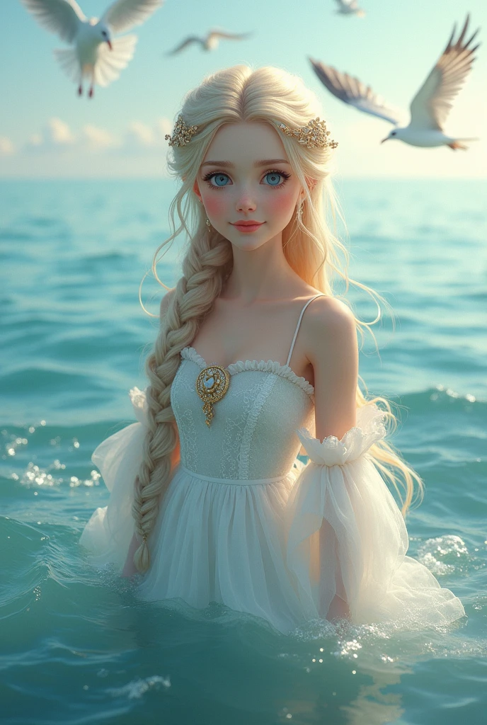 ,((best qualityer))),8k,((work of art)),(Extremely refined and beautiful), there is a girl coming out of the sea, a swan princess in Russian mythology, beautiful calm face, blue colored eyes, long braided blonde hair, the moon braided hair at the back of the head, bright white Russian clothes with a Kokoshnik crown on the head, affectionate eyes, half smile, a gentle expression on your face, seascape and sunlight in the background, Seagulls in the sky, Full length, 真实感
