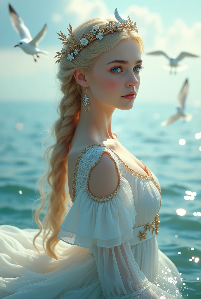 ,((best qualityer))),8k,((work of art)),(Extremely refined and beautiful), there is a girl coming out of the sea, a swan princess in Russian mythology, beautiful calm face, blue colored eyes, long braided blonde hair, the moon braided hair at the back of the head, bright white Russian clothes with a Kokoshnik crown on the head, affectionate eyes, half smile, a gentle expression on your face, seascape and sunlight in the background, Seagulls in the sky, Full length, Reality