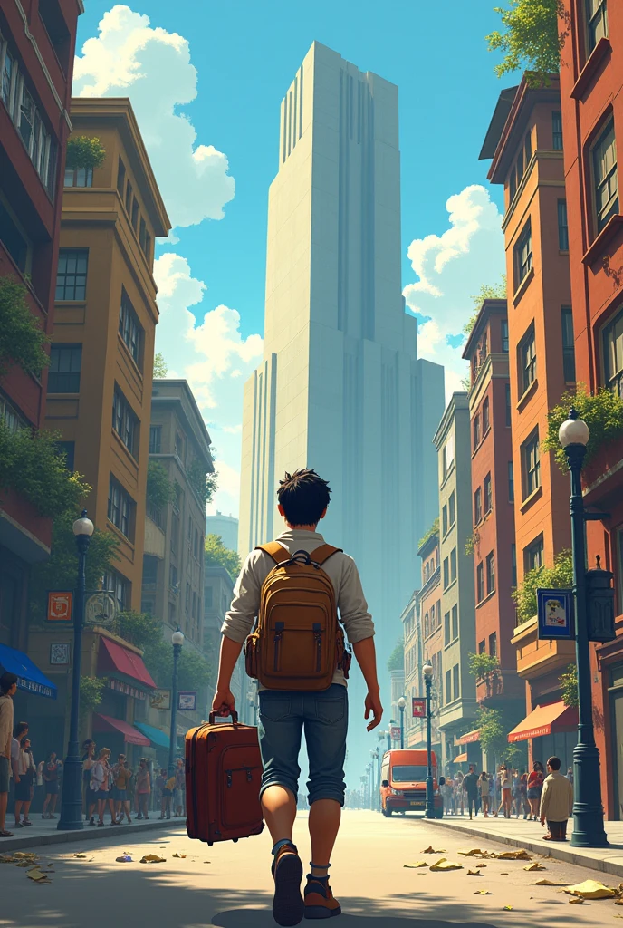 an easy drawing to replicate of a young man walking down the streets of the city with a travel suitcase, until he finds a large building and he is facing away from the building