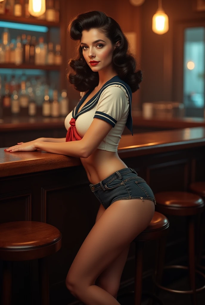 Full body portrait of Betty Page, alone (in short sailor outfit, 1940s, Very detailed: 1.5), (finely detailed face, 1.5 inch), (1940s hairstyle with a high pompadour: 1.5 inch), (slim body, lush, small hips: 1.8), (leaning on a bar: 1.5 inch), (in a dark, old big band bar from the 1940s: 1.4 inches), (soft studio lighting, volumetric shadows), JCH Street Pan Full Movie German, ISO 100.
Betty Page,