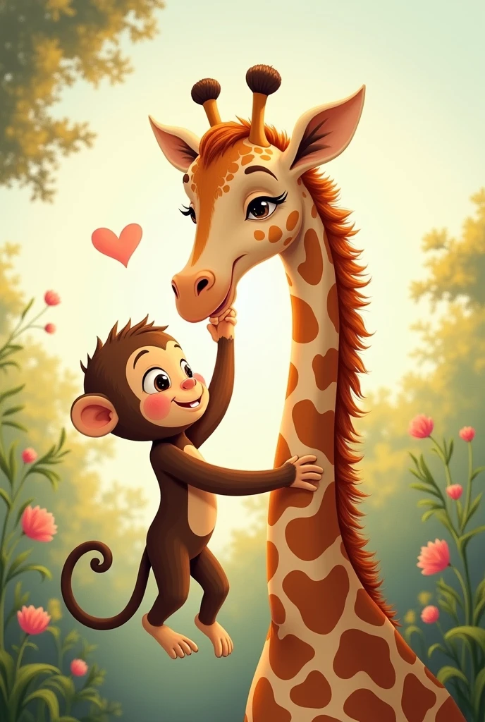 A monkey and a giraffe in love

