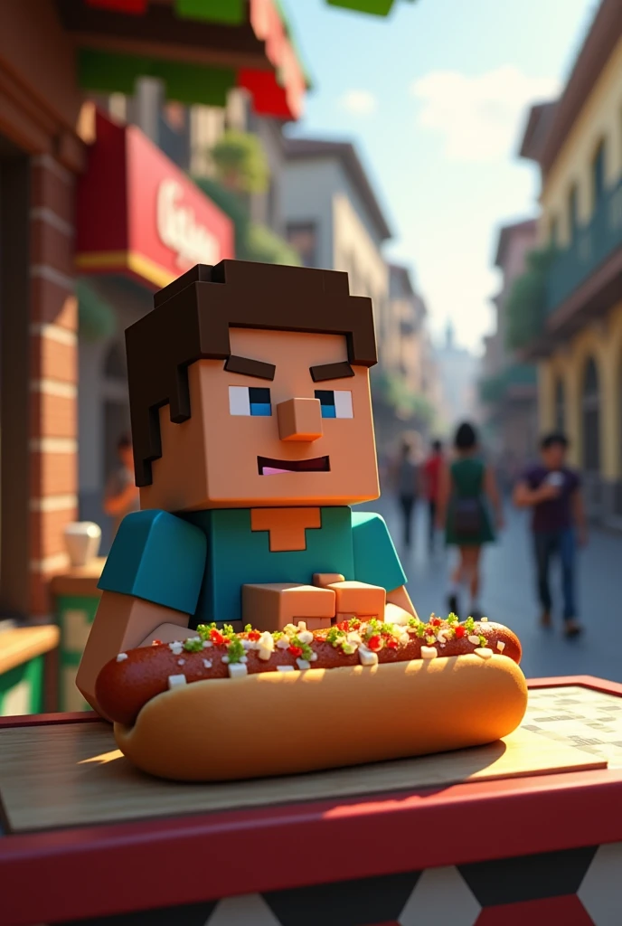an "minecraft villager" sitting at an Argentine street food stall in Buenos Aires, eating a pancho.
