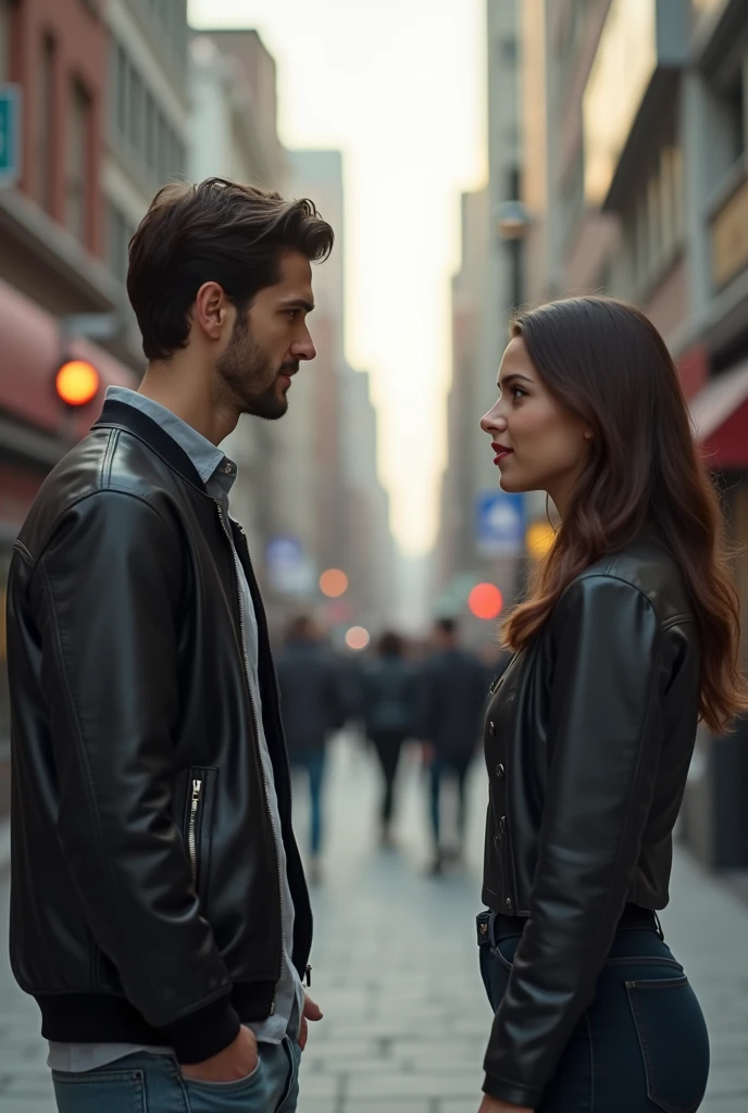 "Create an image of a man in an urban environment, wearing casual clothes, Being rejected by a woman. She should be gesturing in a way that demonstrates refusal, while he looks surprised or disappointed. Her facial expression should be serious and firm, and he should have a slight smile or a look of hope that fades.."