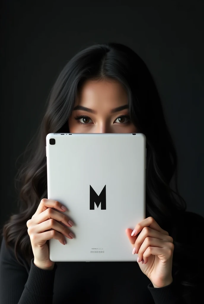 Create a graphic design for a long brand Description: a woman with long black hair, slim, large black eyes, small nose M-shaped mouth.
In her mother's hand she holds a white iPad making a design
Place the letter H as a central brand very minimalist.
Black and well-lit environment a worthy photograph.
Cover her face with the iPad, make her sit in a fancy room