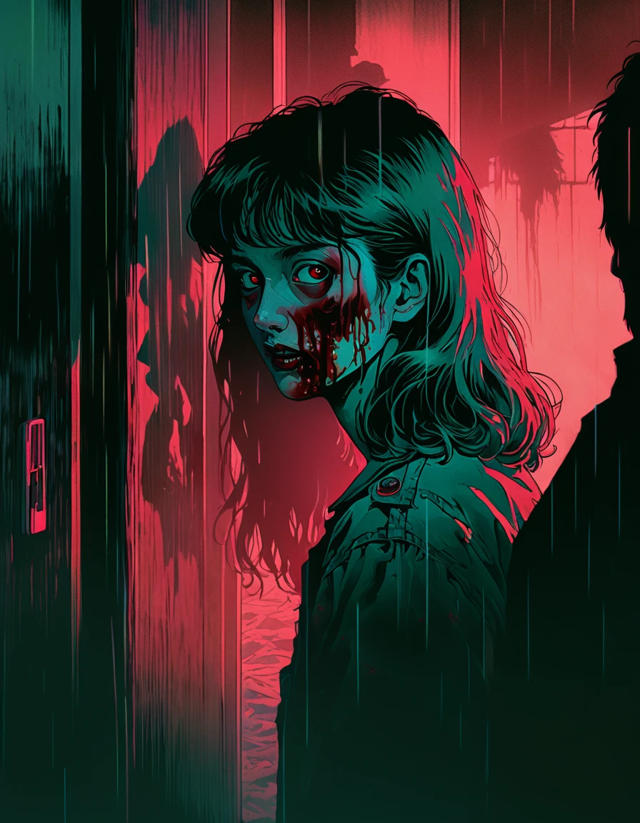 illust、art、from 80s horror movie、house in the mist、high detail, realistic shadow、Analog style, vhs style, 8mm film, chromatic aberration, Dvd screengrab、Complementary color gradient, blood, zombie