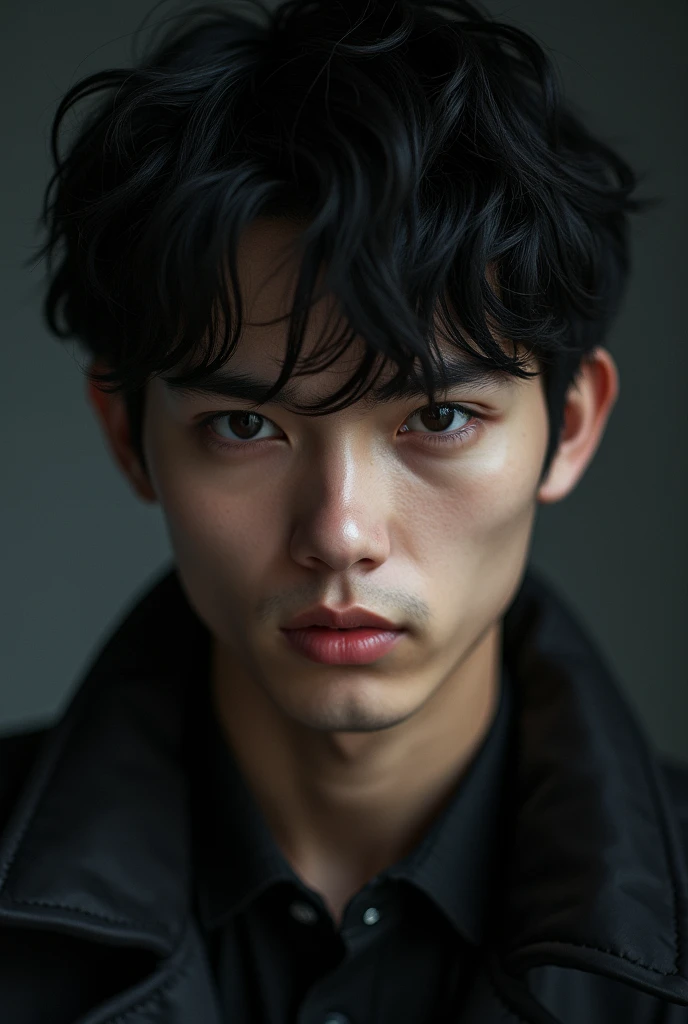 Young man with black hair and black eyes staring with a serious look.