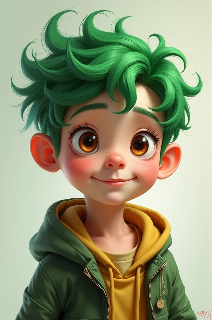 A white boy with brown eyes and green hair.