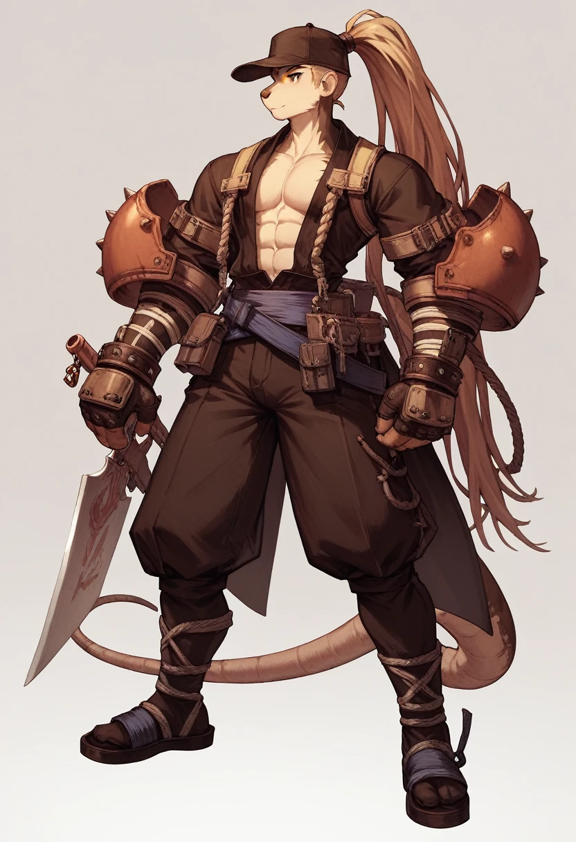 a furry anthropomorphic black/brown rat buff,muscular man wearing a survivalist suit,master splinter,Hamato Yoshi,thick,young,long hair,ponytail,90’s style. He’s androgynous,equipped with some weapons and a sensual ,peaceful expression,full body.The scene has a cool,sweet,sexual,samurai/yakuza style and a vibrant tone.industrial/yokai setting in the background