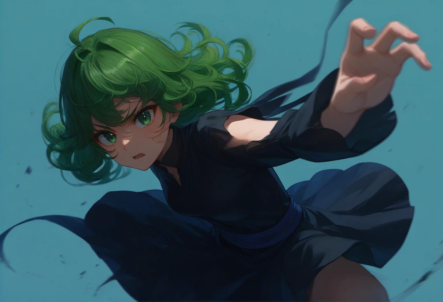 score_9_up, score_8_up, score_7_up, source_anime, 1girl, tatumaki, green hair, green eyes, epic pose, fighting pose, simple background, black dress