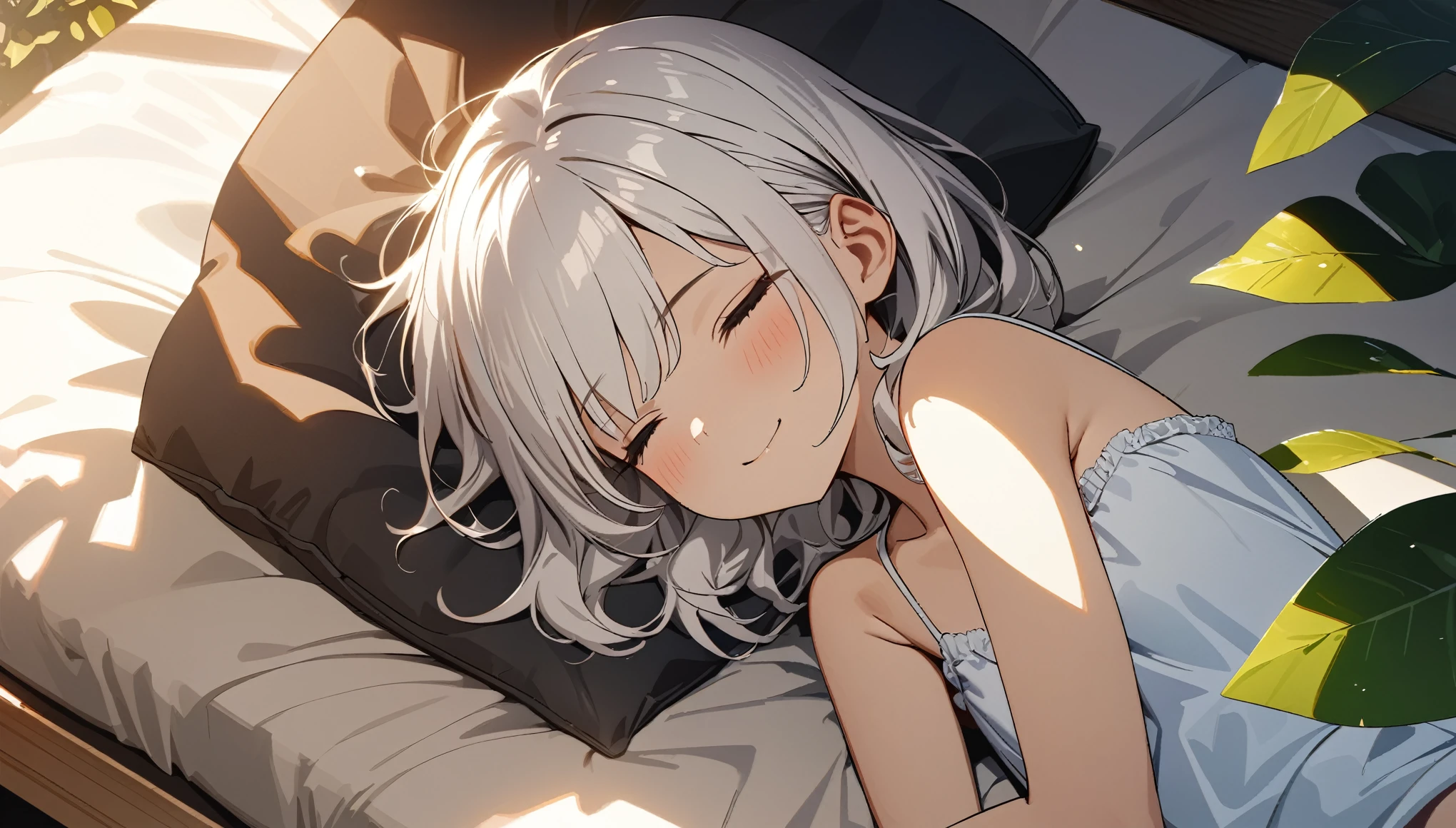 ((ultra-detailed))/(one women with short white hair and bob hair.、,.、smile、gentle smile on her face、flat chest, one Beautiful girl,((masterpiece, illustration, best quality) ((ultra-detailed))/)Masterpiece\,(girl sleeping in the sun),tween,closed eyes,lie down,smile,soft lighting,The background features a bed and a pillow, table,green plants, (from above),and sunlight shining through them onto her face. wearing camisole. creating a warm atmosphere.,濃い青とBeautiful Blueのグラデーション, High resolution, 8K HD detail, hyper-detail, cinematic, surrealism, soft light, deep field focus bokeh, ray tracing and surrealism. --v6'