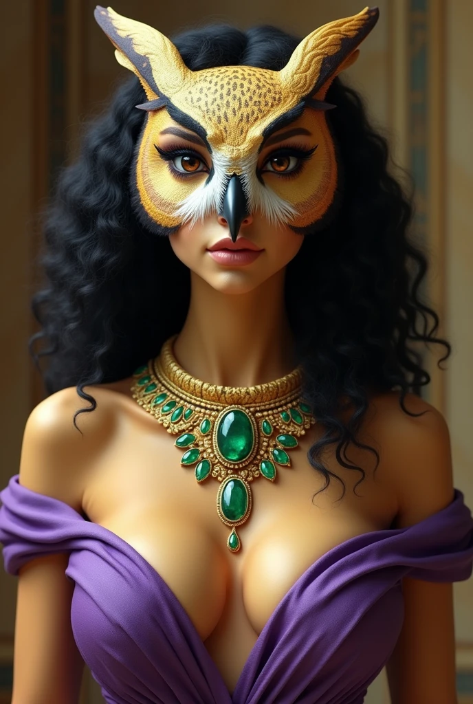 Human woman with yellowish skin, Egyptian semblance
Human body and head entirely of an owl, curly hair
Defined body
Delicate purple clothing
Full gold and emerald jewelry necklace
Female body