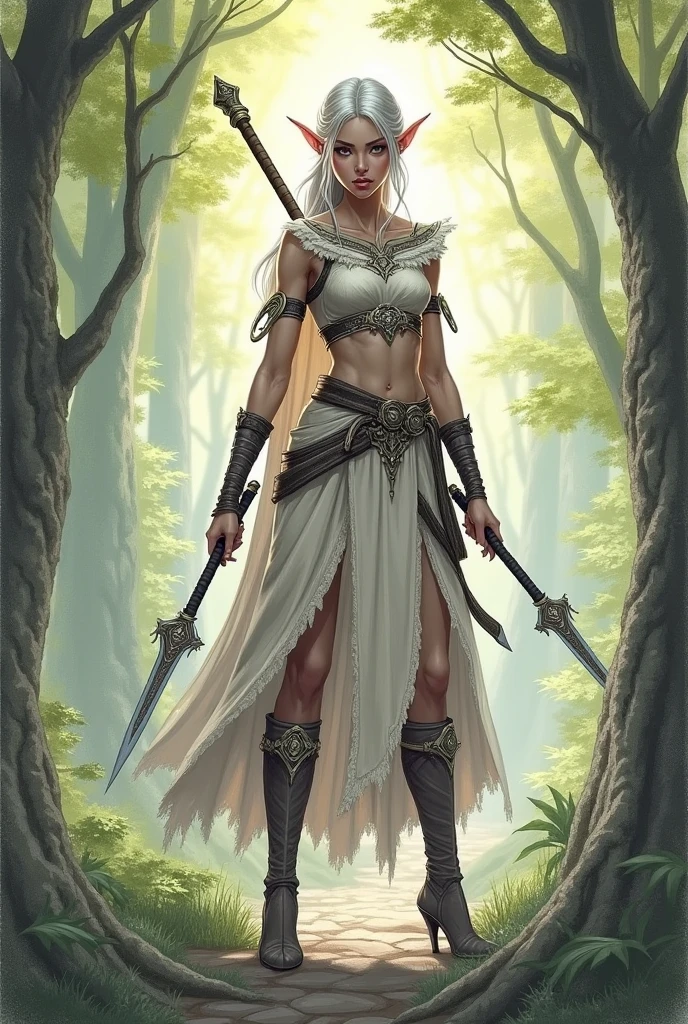 female elf wizard with wand and dagger, pencil image to paint