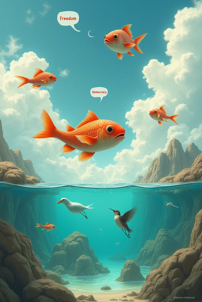 A fish swimming in the air and birds flying in the water. Speech bubbles around the fish and birds say “freedom” and “democracy”. The background can be a surrealistic scene with inverted natural elements.