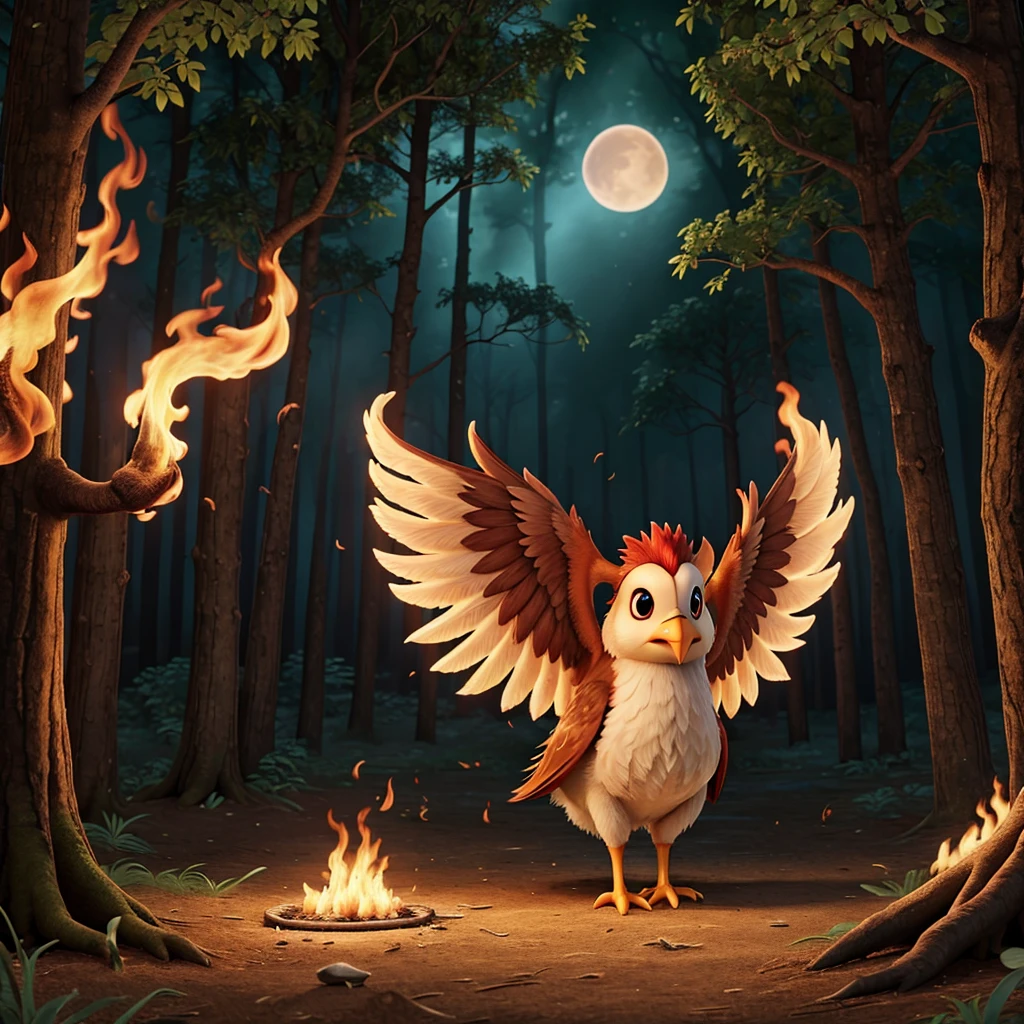 "A dramatic scene in the enchanted forest as the flames begin to spread rapidly among the trees. 
 A hen is stuck in the middle of the chaos, flapping its wings in despair while cackling in fear. 