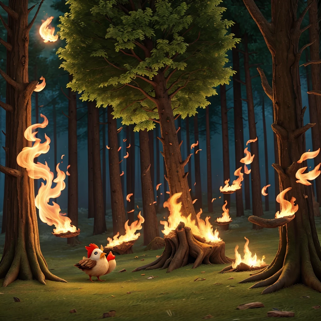 "A dramatic scene in the enchanted forest as the flames begin to spread rapidly among the trees.
A hen is stuck in the middle of the chaos, flapping its wings in despair while cackling in fear.